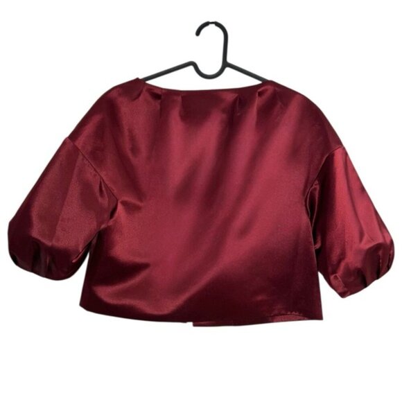 NWOT BCBGMaxAzria‎ Red Burgundy Satin Puff sleeve Evening CapeJacket Top Small - Picture 4 of 5